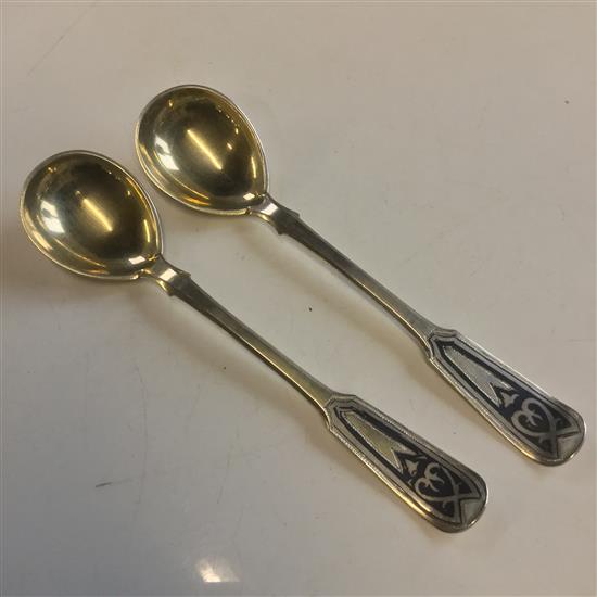 Pair of Imperial Russian silver and niello spoons, Moscow 1862, work master Fyodor Ivanov